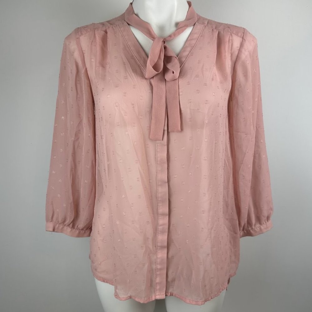 Elle Secretary Bow Bowtie Blouse Pink Sheer Size Medium